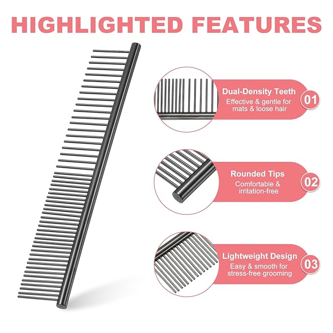 Dog Cat Comb, Pet Combs Stainless Steel Teeth with Rounded Ends for Knots Mats Loose Hair Removal, 6.5IN (Black Plated, 3 Pack), Grooming Tool Intended for Long Curly Hair Pet