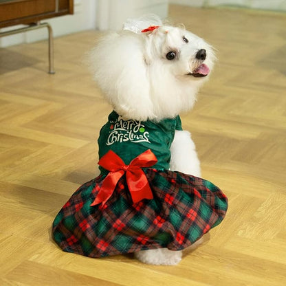 CuteBone Christmas Tree Dog Dress Velvet for Small Dogs Girl Puppy Dresses Green Plaid Dog Clothes CVA05XS-D