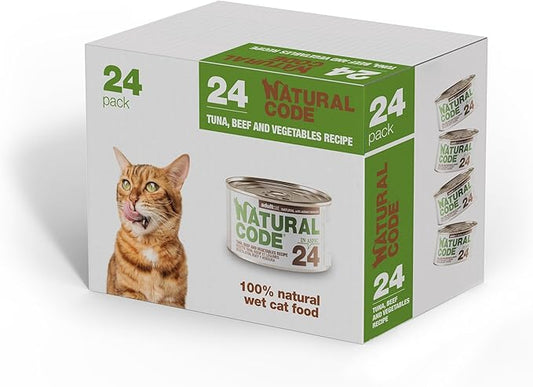 Natural Code Limited Ingredient Wet Cat Food Topper, High Protein, Low Fat, Additive-Free, Non-GMO, No Artificial Colors or Flavors, Tuna, Beef & Vegetables in Aspic for Adult Cats 24 Pack of 3oz Cans