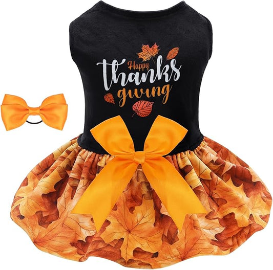 CuteBone Thanksgiving Dog Fall Dresses Costume Velvet Holiday Small Dogs Clothes Onesie Pet Apparel Girl Puppy Skirt with Bow Hair Rope CVA52XXS-D