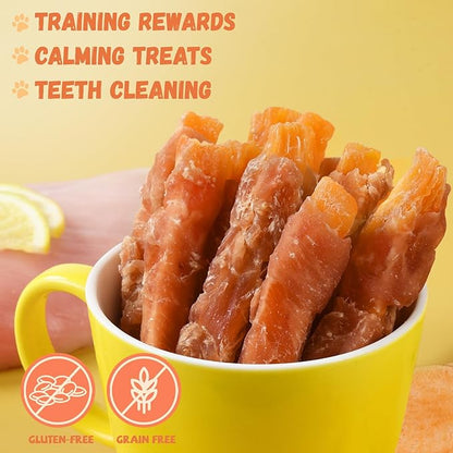 Chicken Jerky Wrapped Sweet Potato Dog Treats w/Taurine, Healthy Dog Snacks Low Fat High Protein, Chewy Training Rewards Treats for Small Medium Large Breeds,10.6 oz, 13-17 Counts