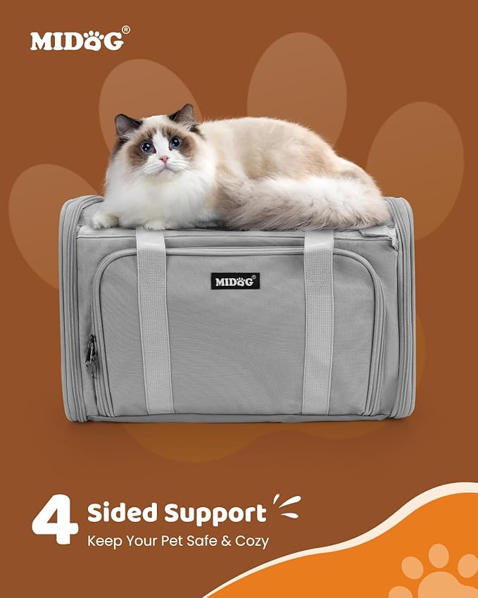 MIDOG Cat Carrier Soft, TSA Approved Airline Travel Carrier for Cats and Small Dogs, Under Seat Pet Bag with Expandable Space & Escape-Proof Zippers (Charcoal)