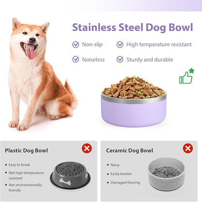 Stainless Steel Dog Bowls, Metal Dog Bowls, Water Bowl for Dogs, Dog Food Bowls, Pet Bowls for Dogs, Dog Dish for Large Dogs, Insulated Dog Bowl, Non Slip Dog Bowl,Easy Clean,64oz,LightPurple