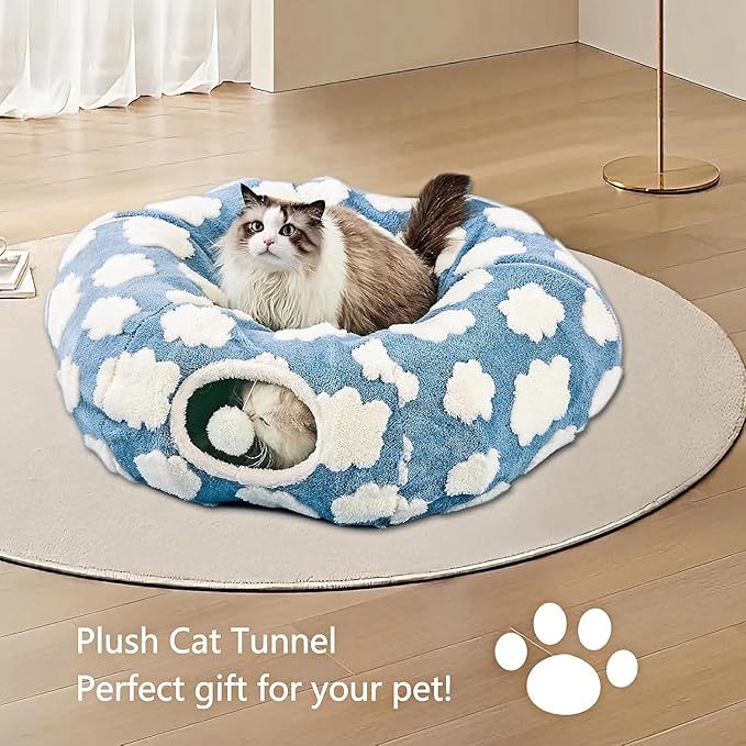 Cat Tunnel Bed with Washable Cushion for Indoor Cat, Donut Cave Tube Toys for Kitten Puppy Rabbit, Blue