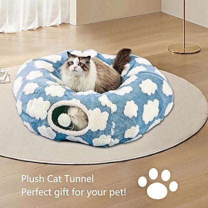 Cat Tunnel Bed with Washable Cushion for Indoor Cat, Donut Cave Tube Toys for Kitten Puppy Rabbit, Blue