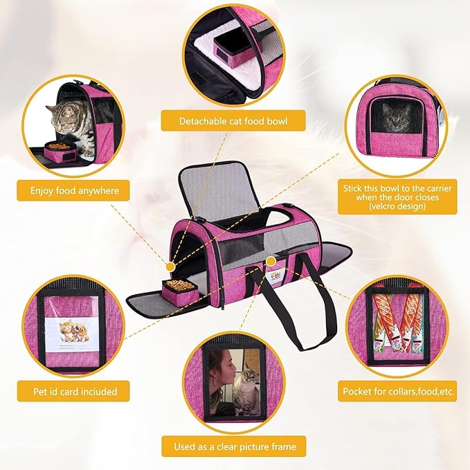 Cat Carrier Pet Carrier Airline Approved for Small Dogs Medium Cats Puppies 15 Lbs Dog Carrier with Reflective Strip, Collapsible Soft Sided Cat Travel Carriers - Rose Red