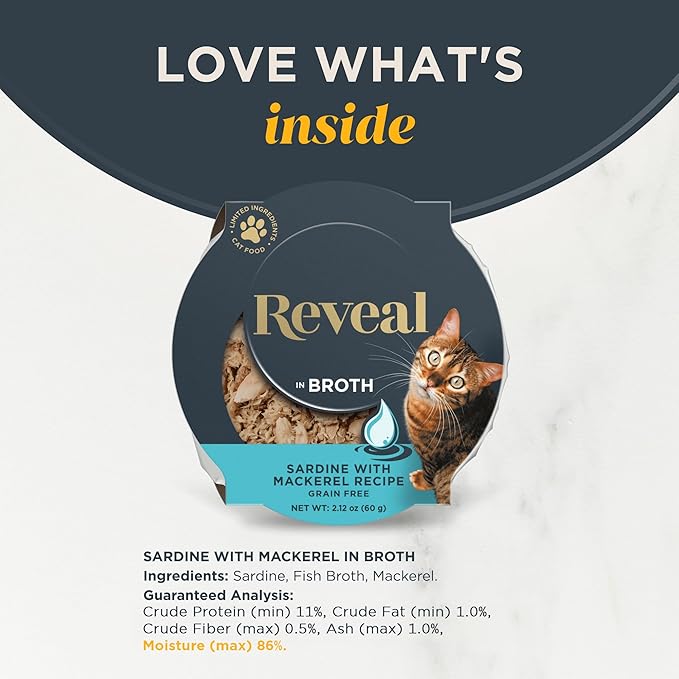 Reveal Natural Wet Cat Food, 18 Count, Grain Free, Limited Ingredient Cat Food Cups, Sardine with Mackerel in Broth, 2.12 oz Easy Peel Cups