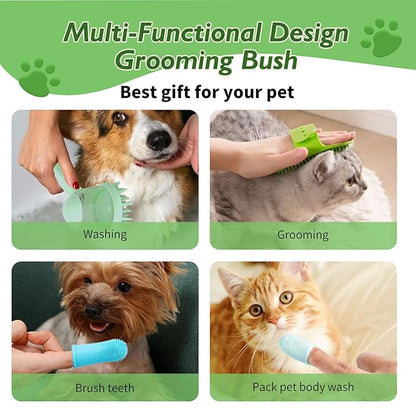 6-Piece Pet Grooming Set – Includes Dog Bath Brush with Shampoo Dispenser, Cat Chin Cleaner, Toothbrushes & Glove Massage Brush for Dogs and Cats (Green)
