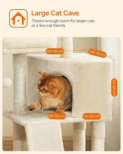 Feandrea Cat Tower, 45.3-Inch Cat Condo with Scratching Post, Ramp, Perch, Spacious Cat Cave, for Kittens, Elderly Cats, Adult Cats, Small Space, Beige UPCT141M01
