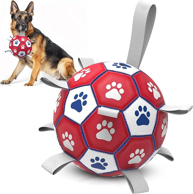 Diman Premium Dog Toys Ball, Interactive Dog Toys for Tug of War, Dog Soccer Ball with 9 Nylon Straps for Indoor Outdoor, Dog Toy for Medium Dogs & Large Gift for Birthday (7 inch)