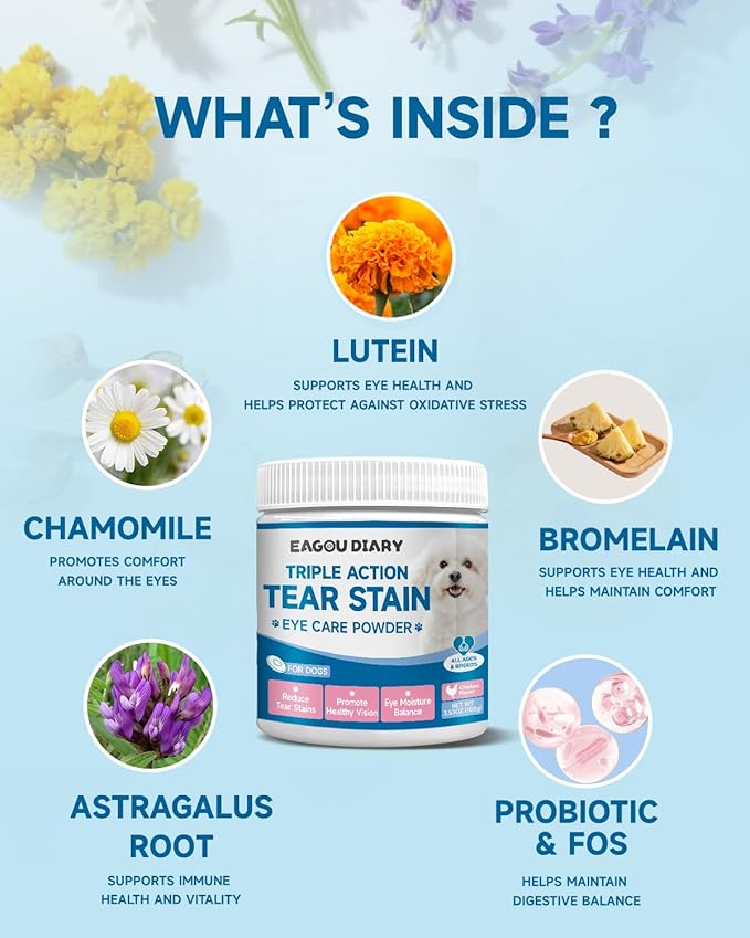 Dog Tear Stain Supplement - Tear Stain Remover for Dogs, Eye Vision & Immune Support, Lutein,Chamomile, Vitamin, Probiotic,100g, Chicken Flavor, Tear Stain Supplement for White Dog