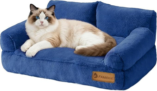 Plush Cat Couch Bed - Cat Bed for Indoor Cats, Dog Sofa Bed, Short Rabbit Fleece Calming Pet Couch with Removable Cover, Anti-Shedding Pet Sofa for Small/Medium Pets (26×18×12in, Navy Blue)