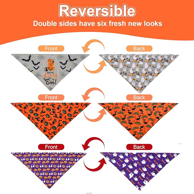 Halloween Dog Bandanas Small 3PCS, 6 Pattern Fall Scarf for Boy and Girl, Triangle Reversible Bibs Breed for Puppy Pets