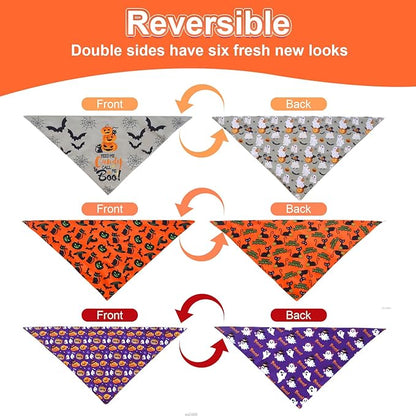 Halloween Dog Bandanas Small 3PCS, 6 Pattern Fall Scarf for Boy and Girl, Triangle Reversible Bibs Breed for Puppy Pets