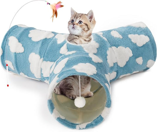 Tempcore Cat Tunnels for Indoor Cats, Cat Tube Toys 3 Way Collapsible, Pet Play Tunnel with Peek Hole Toy Ball for Kitty, Kitten, Rabbit, Blue Cloud