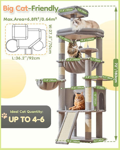 Taoqimiao 72 Inches Cat Tree for Large Cats, Multi-Level Tall Cat Tower, Widened Cat Condo with Large Scratch Board, 5 Scratching Posts, Metal Hammcock, Cozy Basket, Light Gray, MS045W