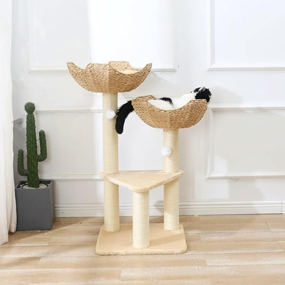 SHENGOCASE Cat Tree Tower with Rattan Wicker Basket, 2 Large Nest Baskets Bed, Window Perch for Large Cats up to 25 lbs