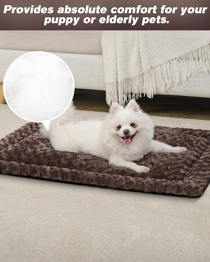 Washable Dog Bed Mat Reversible Dog Crate Pad Soft Fluffy Pet Kennel Beds Dog Sleeping Mattress for Large Jumbo Medium Small Dogs, 29 x 18 Inch, Brown