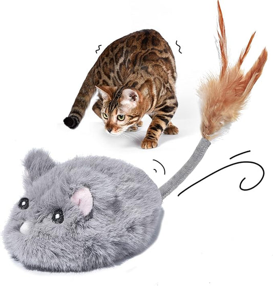 Automatic Cat Toy Cat Mouse Toy Moving Cat Toy with Furry Tail Boredom Busters Interactive Cat Toys for Indoor Cats Hunting Cat Mice Toys (Grey)