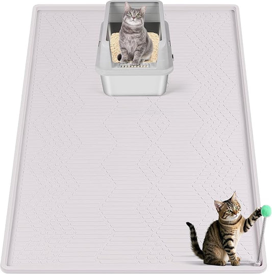 Large Cat Litter Mat with Toy Ball, 38'' x 25'' Silicone Cat Litter Trapping Mat for Scatter Control, Soft on Kitty Paws, Easy to Clean (White)