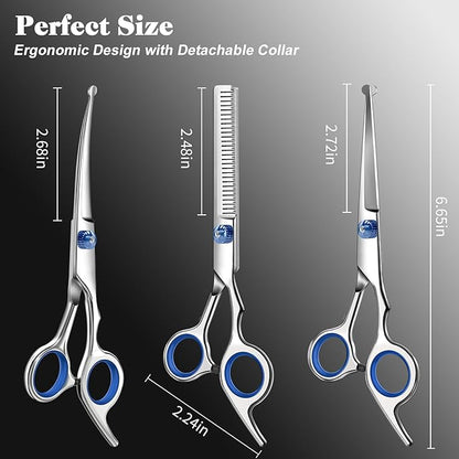 Professional 4 in 1 Dog & Cat Grooming Scissors Kit with Safety Round Tips,Sharp & Durable,Dog Shears for Grooming - Includes Straight, Curved, Thinning Scissors and Comb - Premium Pet Supplies