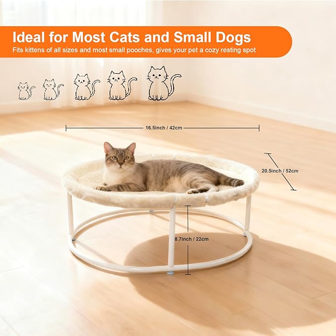 Elevated Cat Hammock Bed - 66LBS Weight Capacity Cat Bed for Large Indoor Cats & Small Dogs, All-Season Plush & Breathable Mesh Mat, Raised Pet Supplies with Sturdy Metal Frame, Cream White