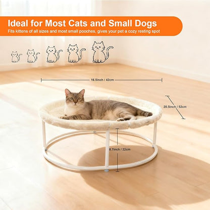 Elevated Cat Hammock Bed - 66LBS Weight Capacity Cat Bed for Large Indoor Cats & Small Dogs, All-Season Plush & Breathable Mesh Mat, Raised Pet Supplies with Sturdy Metal Frame, Cream White