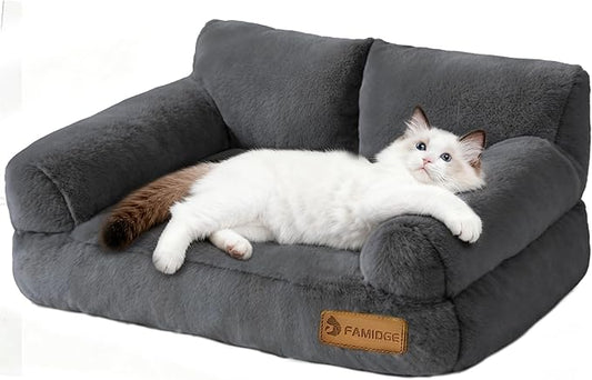 Cat Couch Bed - Cat Bed for Indoor Cats, Calming Pet Sofa Puppy Sleeping Bed with Removable Washable Cover, Cute Dog Couch and Kitty Lounge Chair for 12lbs Cats & Small Dogs(Dark Grey)