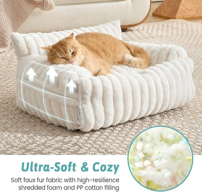 Cute Cat Bed with Removable Cover, Multifunctional Plush Faux Fur Pet Couch Bed with Blanket, Ultra-Soft Pet Furniture for Cats & Small Dogs (Cream, S: 25''x18'')
