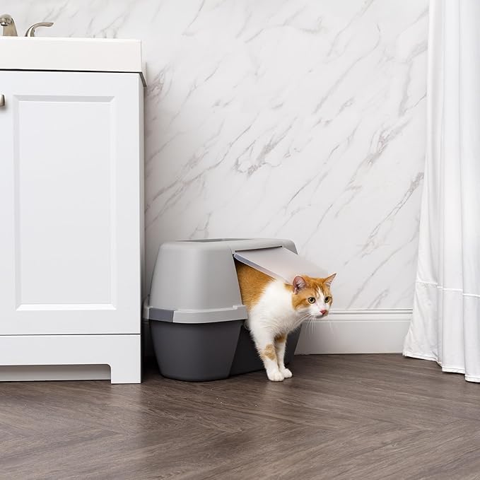 IRIS USA Corner Cat Litter Box Enclosure with Scoop, Small Cat Litter Box with Lid, Corner Litter Box Enclosure for Kittens to Medium Sized Cats, Odor Defensive Hooded Litter Tray, Dark Gray