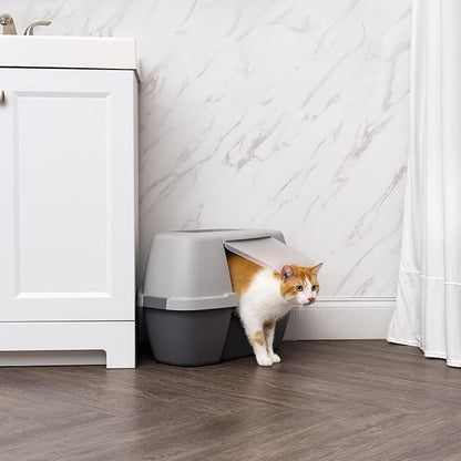 IRIS USA Corner Cat Litter Box Enclosure with Scoop, Small Cat Litter Box with Lid, Corner Litter Box Enclosure for Kittens to Medium Sized Cats, Odor Defensive Hooded Litter Tray, Dark Gray