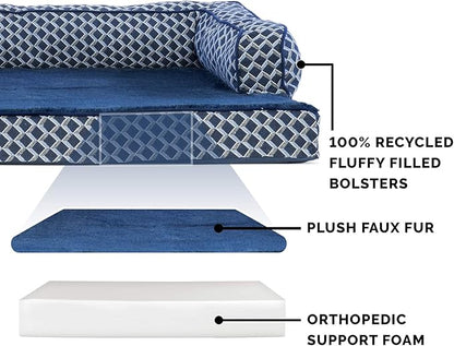 Furhaven Orthopedic Dog Bed for Large Dogs w/ Removable Bolsters & Washable Cover, For Dogs Up to 125 lbs - Plush & Woven Decor Comfy Couch Sofa - Diamond Blue, Jumbo Plus/XXL