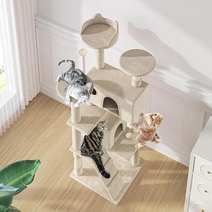 MoNiBloom 60 Inch Cat Tree Tower for Indoor Cats Large Adults, Cat Tower with Scratching Post, Multi-Level Furniture Activity Center with Cat Condo Pet Play House, Beige