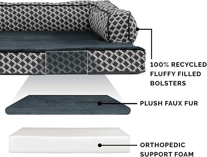Furhaven Orthopedic Dog Bed for Large Dogs w/ Removable Bolsters & Washable Cover, For Dogs Up to 125 lbs - Plush & Woven Decor Comfy Couch Sofa - Diamond Gray, Jumbo Plus/XXL