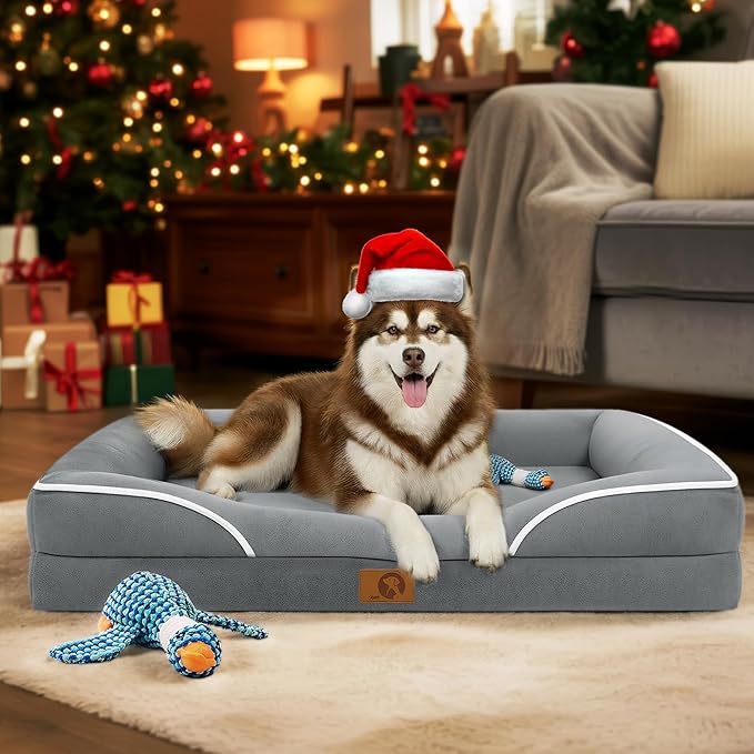 Homemate Dog Bed for Extra Large Dog: 48x35 in Orthopedic Large Dogs Bed XXL Outdoor Pet Cat Bed Sofa Supplies with Toy Dogs Crate Pad Couch with Removable Washable Cover & Non-Slip Botton Light Grey
