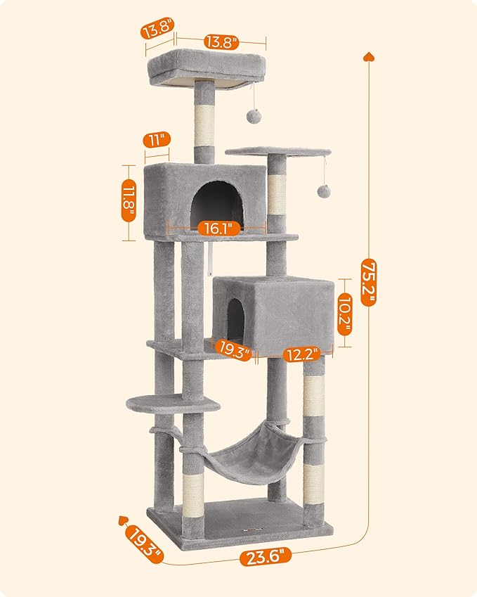 Feandrea Cat Tree, 75.2-Inch Cat Tower for Indoor Cats, Plush Multi-Level Cat Condo with 5 Scratching Posts, 2 Perches, 2 Caves, Hammock, 2 Pompoms, Light Gray UPCT191W01