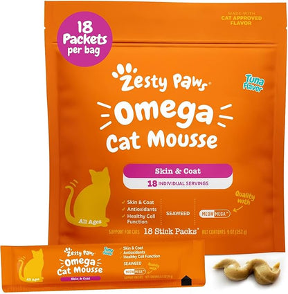 Zesty Paws Omega Cat Mousse Squeezable Cat Treats - with Seaweed, Omega Fatty Acids, Antioxidants Vitamins & Minerals - Skin & Coat Support for Cats - Tuna Fish Flavor - 18 Count