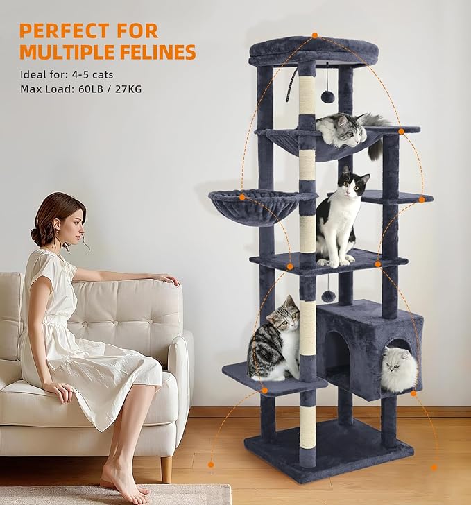 Made4Pets Tall Cat Tree, 71 Inches Cat Tree Tower for Indoor Cats Large Adult, Plush Multi-Level Cat Tower with 5 Scratching Posts, 2 Hammock, Condo and Perch, Big Cat House Indoor, Dark Grey