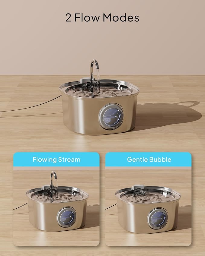 PEKTACO Cat Water Fountain Stainless Steel, 3.2L/108oz Cat Water Dispenser with Quiet Water Pump and Water-Level Window, Dishwasher Safe Pet Drinking Fountain for Cats Indoor with Replacement Filter