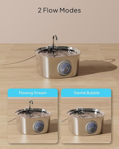 PEKTACO Cat Water Fountain, Pet Water Fountain for Cats/Dogs Indoor, Stainless Steel Cat Drinking Fountains with Water Level Window and 3 Filters + 3 Sponges(3.2L/108oz)