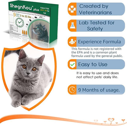Natural Flea Treatment for Cats (2-25 lbs) | 9-Month Supply with Comb, Tick Tool & Repellent Collar, Vet-Reviewed Formula