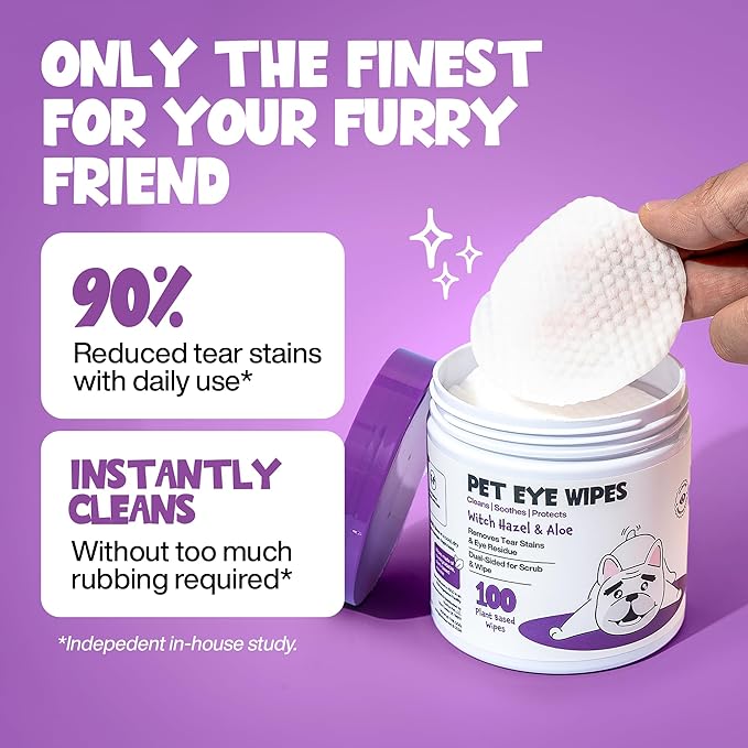 Eye Wipes 100 Counts - Dog Tear Wipes to Removes Tear Stains & Eye Residue - Hypoallergenic Pet Eye Cleaner Wipes for Cats & Dogs - Safe and Effective for Dogs & Cats