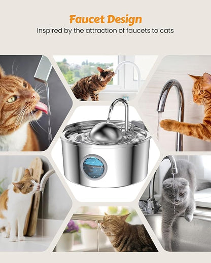 AONBOY Cat Water Fountain Stainless Steel, 108oz/3.2L Cat Fountain, Pet Water Fountain with Water Level Window, Hemispherical Shape, Multi-Filter, Silent Pump, Water Tap, Provides Flowing Water