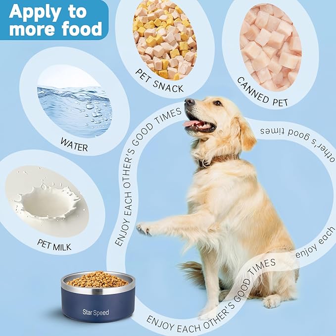 StarSpeed Stainless Steel Dog Bowl. Large Dog Water Bowl with Rubber Bottom, Drop Resistant, Keeps Cold, Holds 8 Cups (64oz, Navy Blue)