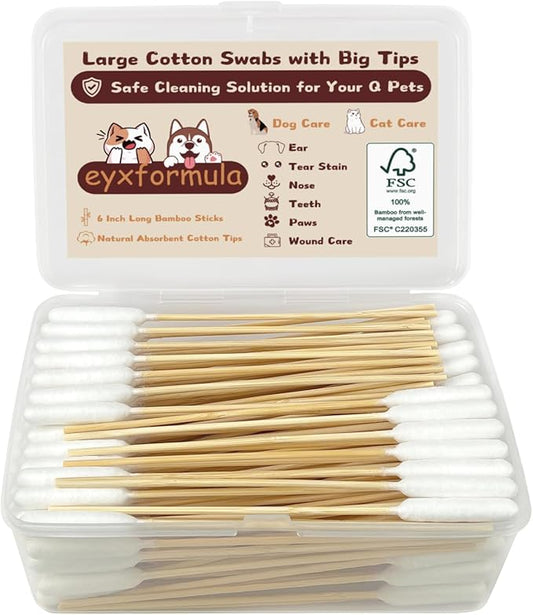 eyxformula 6 Inch Long Cotton Swabs for Pet Cleaning, Bamboo Handle, Pet Ear Cleaning Solution Supplies for Dogs and Cats (200 pcs Long Head Cotton swabs)