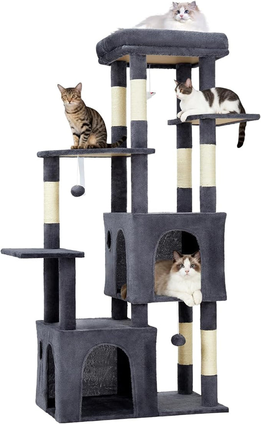 GarveeLife 61" Multi-Level Cat Tree for Indoor Cats, Heavy-Duty Tower for Large Adult & Maine Coon Cats with Oversized Perch, Dual Condos, Natural Sisal Scratching Posts & Play Toys – Dark Gray