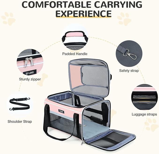 Lekereise Top-Expandable Pet Carrier - TSA Airline Approved Soft Sided Underseat Up to 12lbs Travel Carriers for Small Cats and Dogs with Locking Safety Zippers Anti-Scratch Mesh