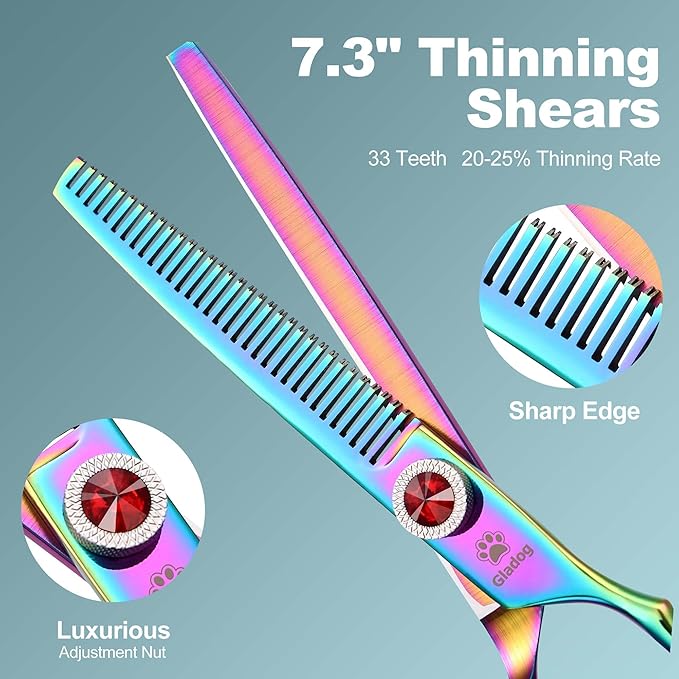 GLADOG 7 Inch Professional Dog Grooming Scissors Kit, 5-in-1 Titanium Coated Pet Grooming Shears Set, Heavy Duty Grooming Scissors for Dogs (Pro Rainbow)