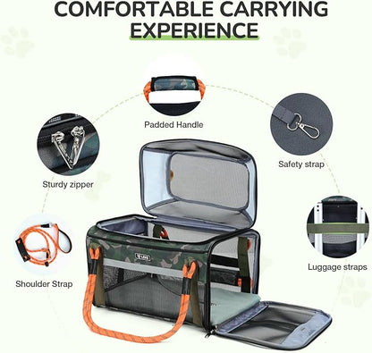 Lekereise Top Expandable Dog Carrier TSA Airline Approved Soft Sided Pet Underseat Up to 12lbs Travel Carriers for Small Cats and Dogs with Convertable Dog Leash and Anti-Scratch Mesh
