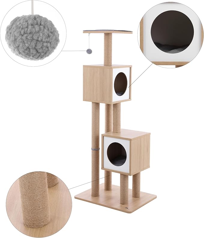 CTR1011A Sawyer 56" 3-Tier Minimalist Jute Cat Tree Condo with Scratching Posts, and Fuzzy Toy, Brown/White